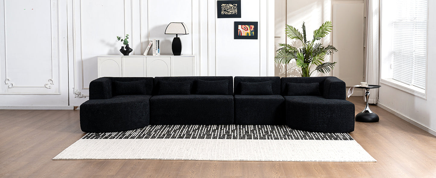 143.7" Upholstered Sofa Free-combined Sofa Couch with Two Chaise Lounge and Five Back Pillows for Living Room, Black