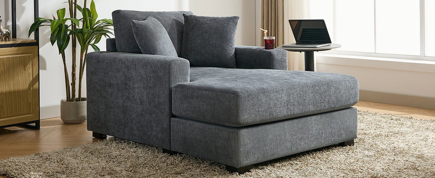 43.5" Oversized Chaise Lounger Modern Style Sofa Couch ,with Pillows, Charge Station & Cup Holders, Chenille Fabric, Blue Gray