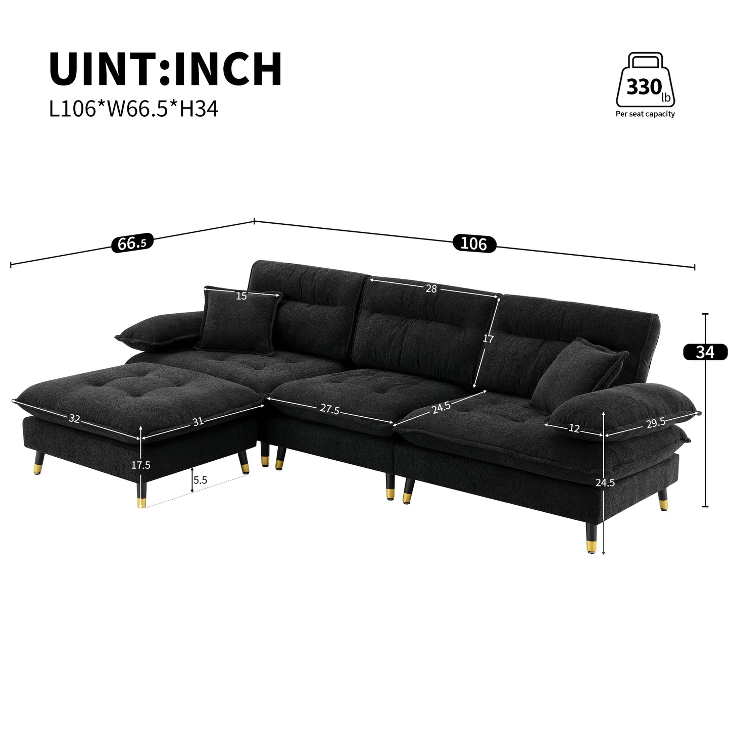 [VIDEO provided][New]106*66.5" L shaped Convertible Sectional Sofa,4 Seat Tufted Couch Set with Two-tone Adjust Legs,Cloud Chenille Fabric,Movable Ottoman for Living Room,  Apartment,Office,3 Colors