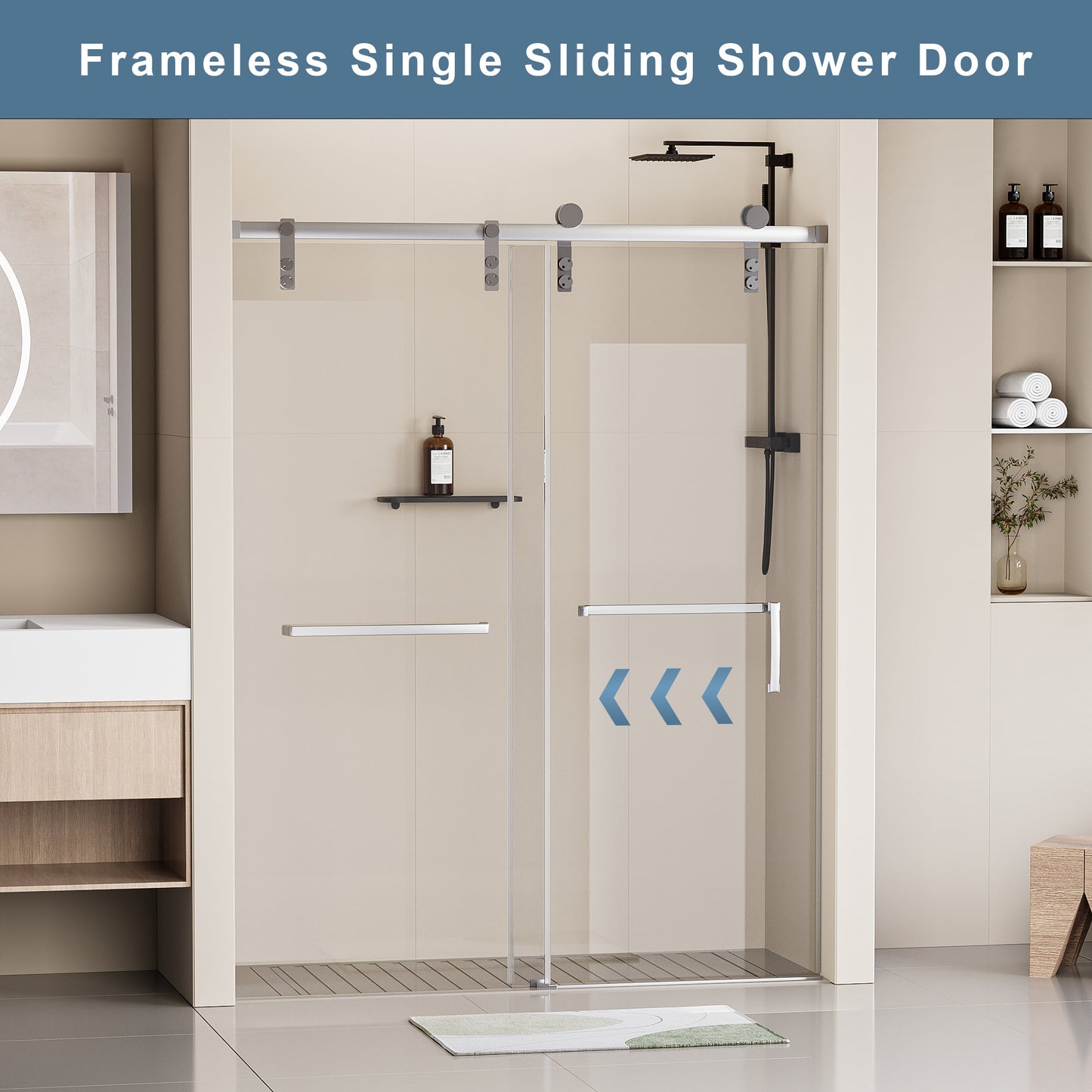 48 in. W x 76 in. H Frameless Soft-closing Shower Door, Single Sliding Shower Door, 5/16" (8mm) Clear Tempered Glass Shower Door with Explosion-Proof Film, Stainless Steel Hardware, Chrome 24D211-48C