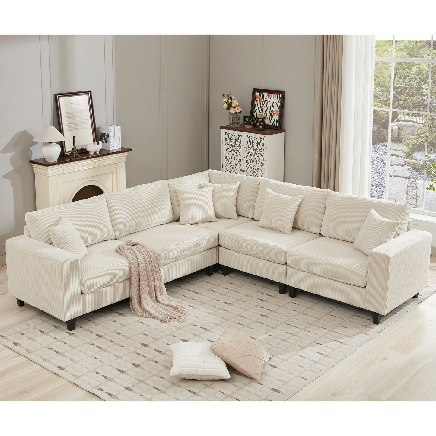 [NEW PACKAGING UPGRADE]Oversized Modular Sectional Sofa Set, L Shaped Couch,Corduroy ,Upholstered,Deep Seat,,5 Seat,5 Throw pillow and 6 back cushion,Living Room, Apartment ,Beige