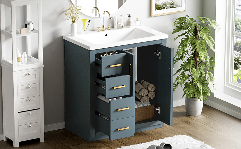 30'' Bathroom Vanity with Ceramic Sink Combo,Solid Wood Frame Bathroom Storage Cabinet, Freestanding Vanity Set with 3 Drawers& Soft Closing Doors