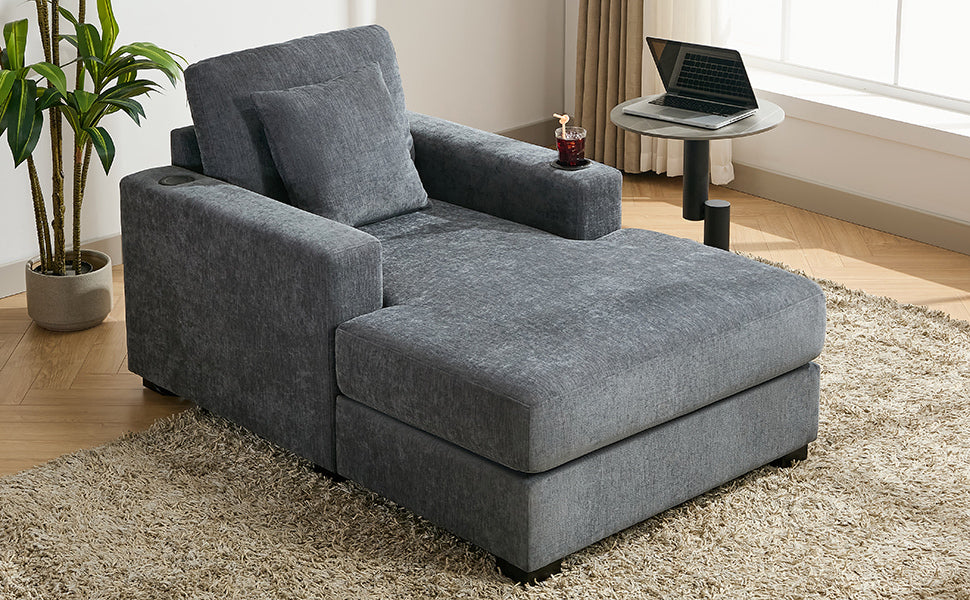 39.7" Oversized Chaise Lounger Modern Style Sofa Couch ,with Pillows, Charge Station & Cup Holders, Chenille Fabric, Blue Gray