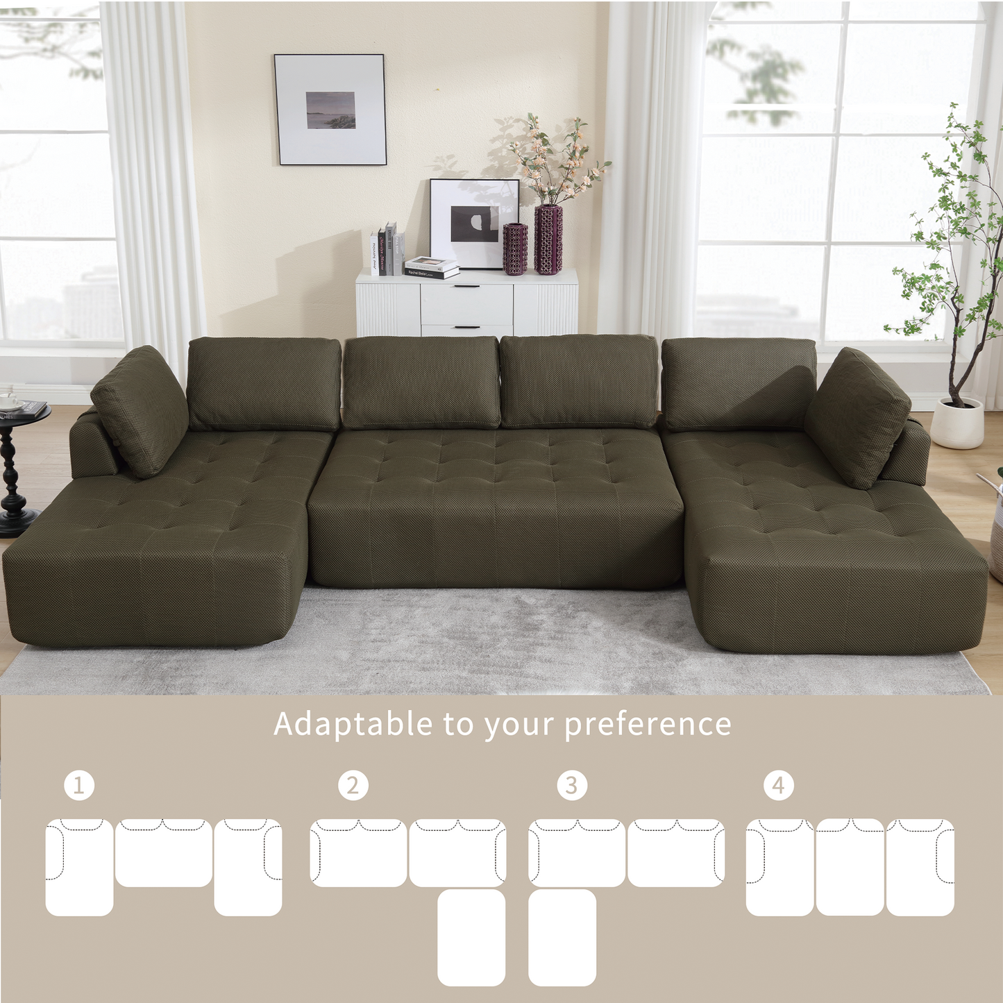 [NEW ARRIVED] [VIDEO PROVIDED]138.5 "Modular Combination Sofa, U-shaped Sofa, Living Room, Apartment, Upholstered ,6-seat Sofa, Free Combination Sofa (Mesh Fabric), Breathable Fabric,Green