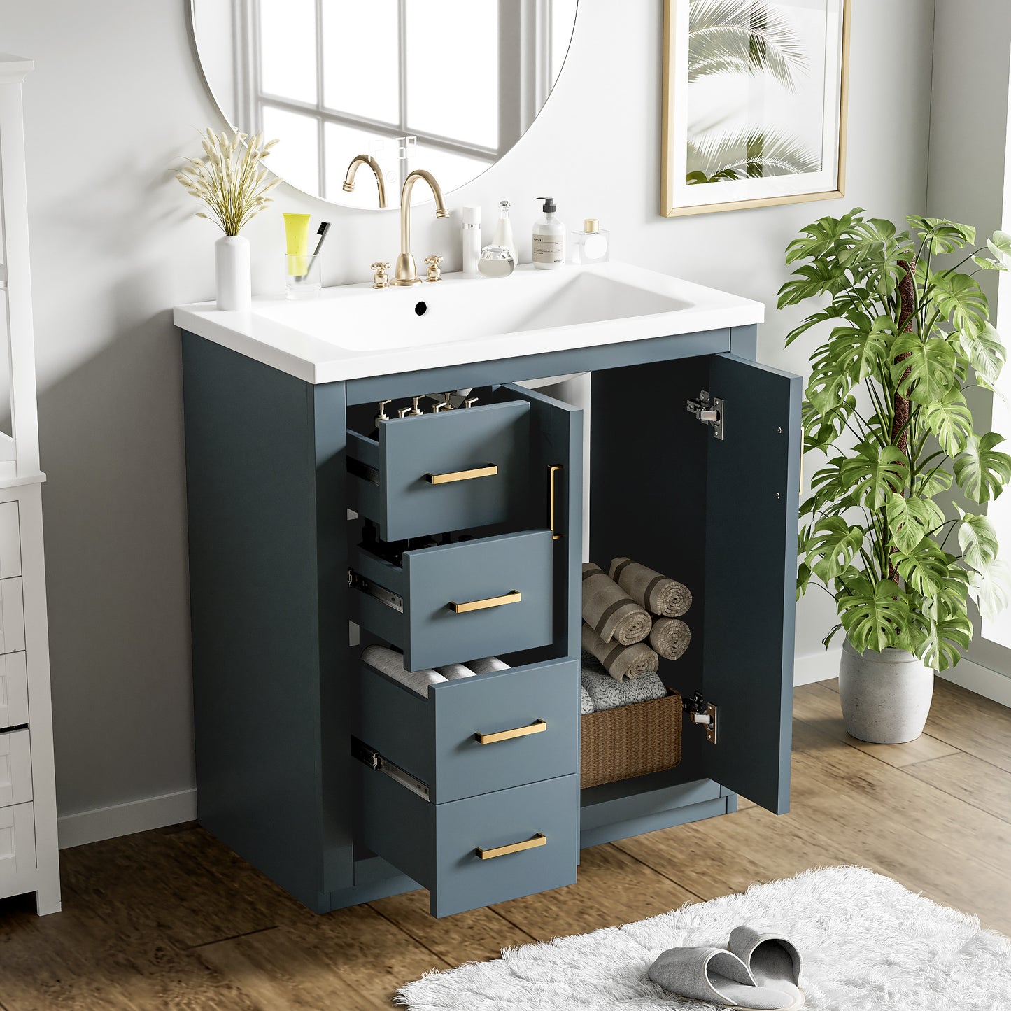 30'' Bathroom Vanity with Ceramic Sink Combo,Solid Wood Frame Bathroom Storage Cabinet, Freestanding Vanity Set with 3 Drawers& Soft Closing Doors