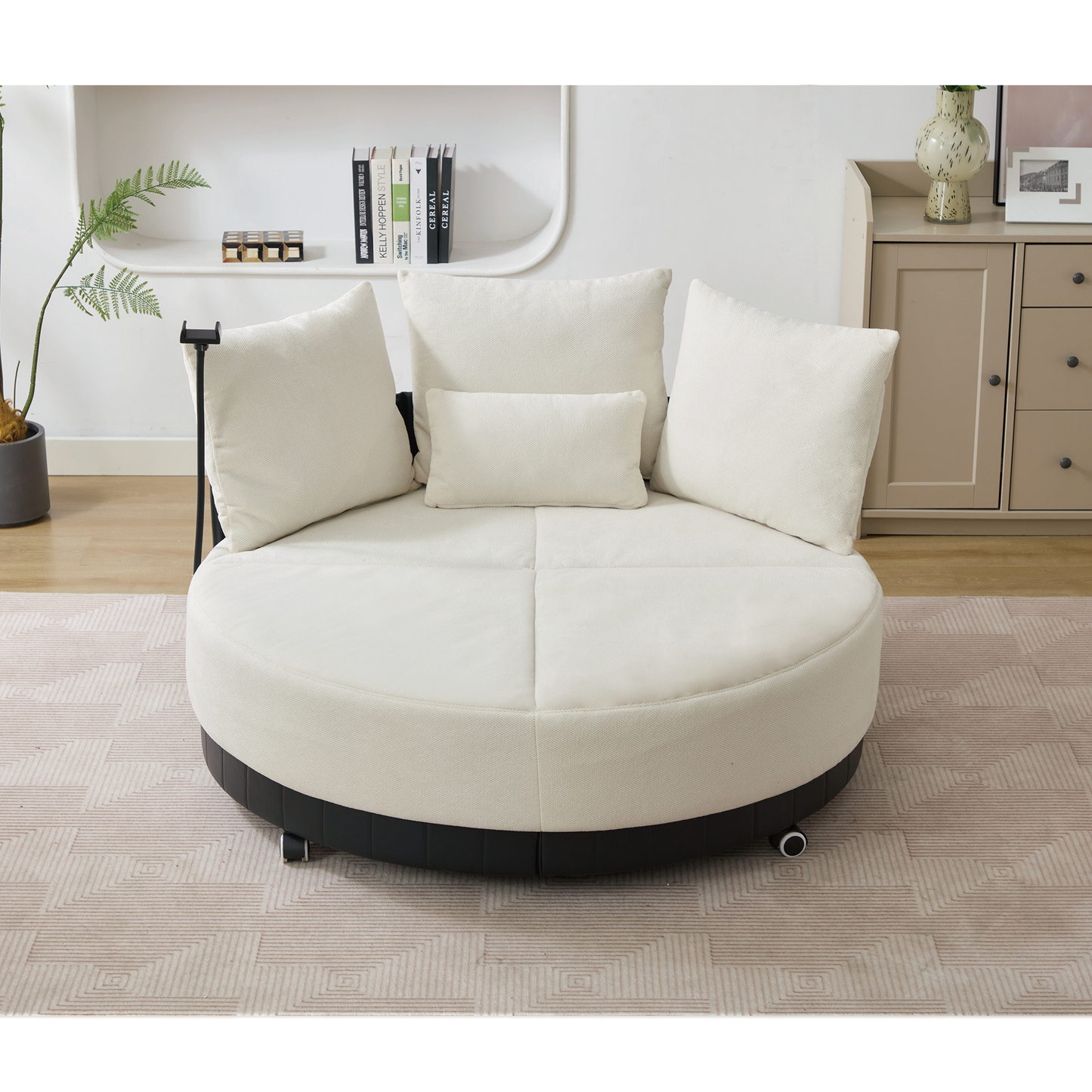 [NEW ARRIVED] [VIDEO PROVIDED]52.75'' Oversized Round Swivel  Chair,360° Swivel Chair, Couples chair,Adjustable phone stand,Swivel Chair,Rotating pulley,Polyester(Anti-Wrinkle),Beige