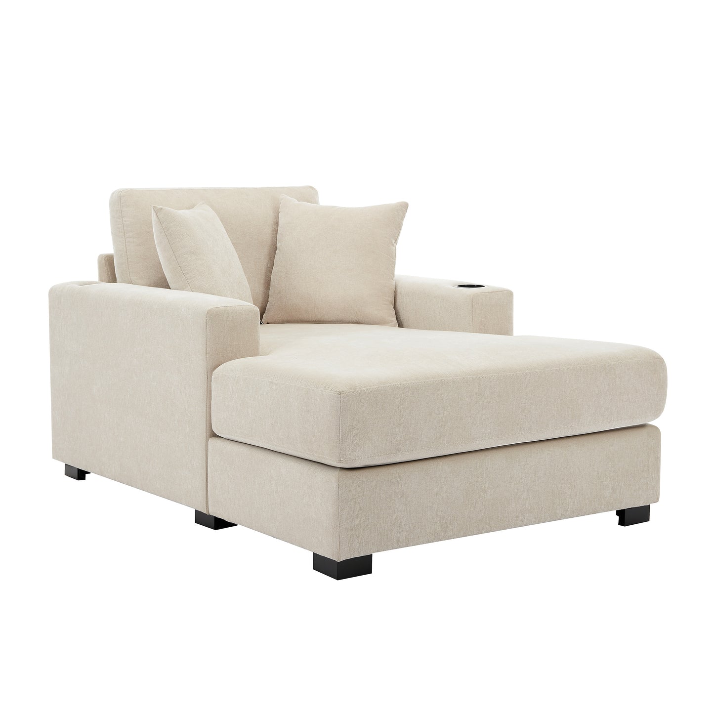 43.5" Oversized Chaise Lounger Modern Style Sofa Couch ,with Pillows, Charge Station & Cup Holders, Chenille Fabric, Cream