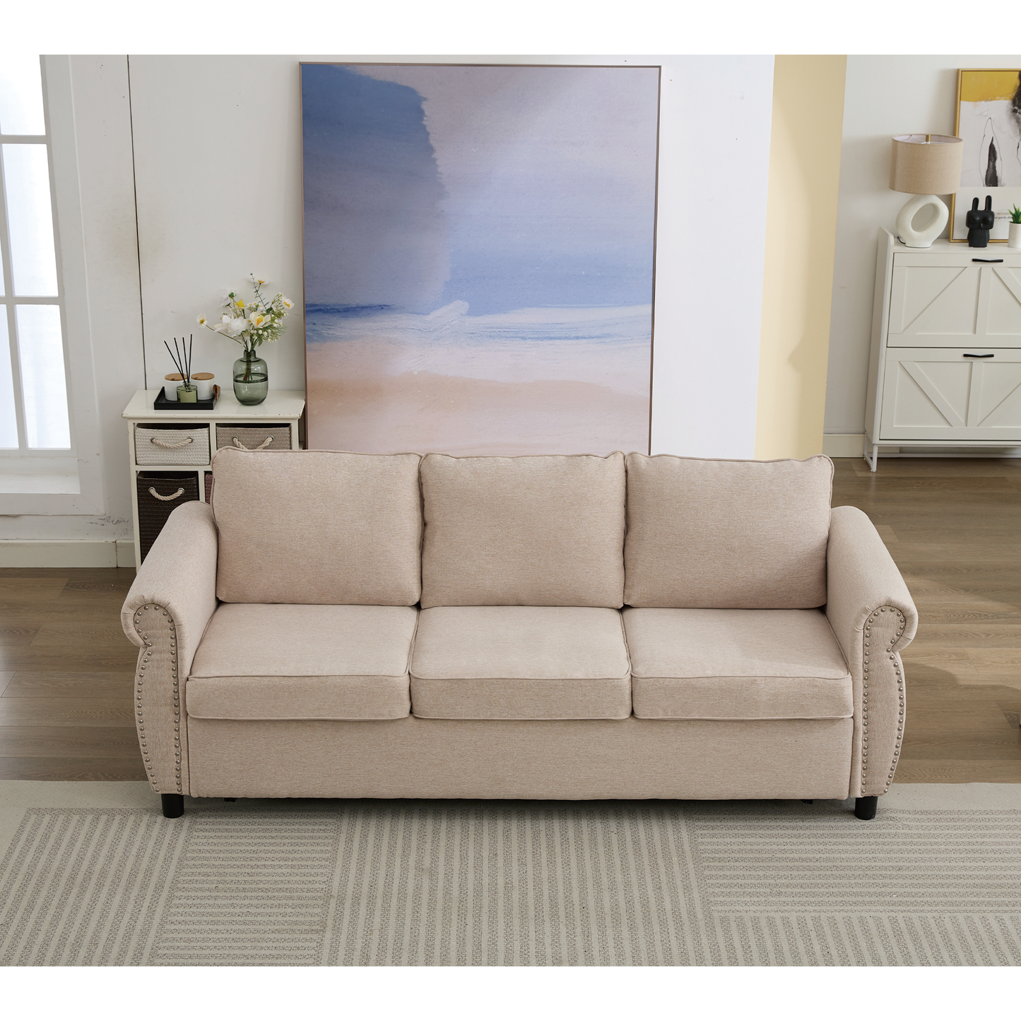 [NEW ARRIVED] [VIDEO PROVIDED] 81.5" 2-in-1 Queen  Convertible Sleeper Sofa Bed,  Pull Out Couch Bed,3 seater sofa bed,with 3.35" Memory Foam Mattress ,Rivet handrail,Living Room, Apartment,  Beige