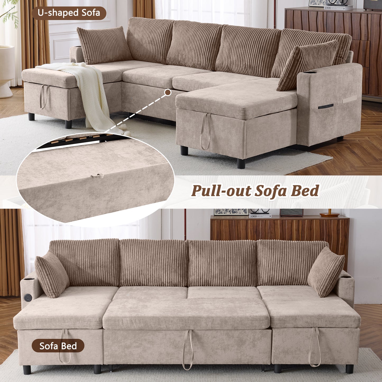 111.8" Sectional Sofa Pull-out Sofa Bed Versatile Sofa Sleeper with Large Storage Space, Two USB Ports and Two Cup Holders for Living Room, Brown