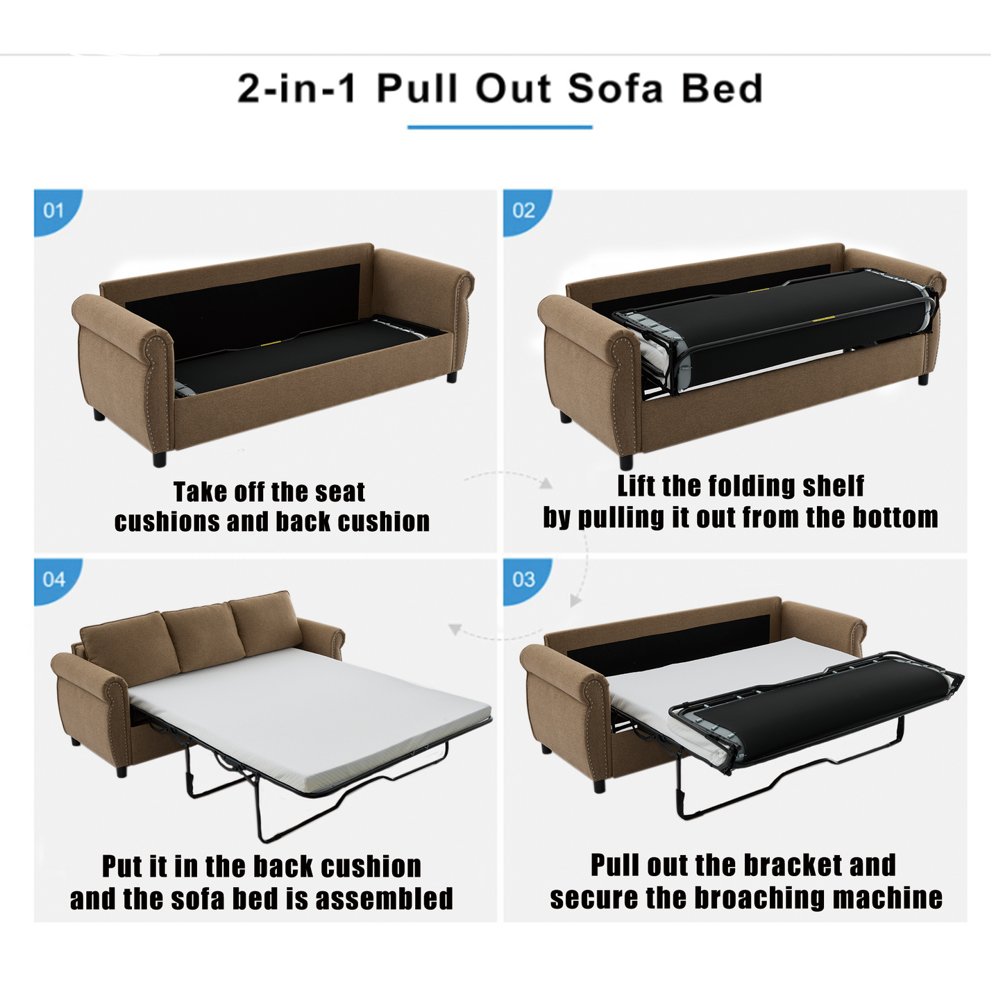 [NEW ARRIVED] [VIDEO PROVIDED] 81.5" 2-in-1 Queen  Convertible Sleeper Sofa Bed,  Pull Out Couch Bed,3 seater sofa bed,with 3.35" Memory Foam Mattress ,Rivet handrail,Living Room, Apartment,  Brown