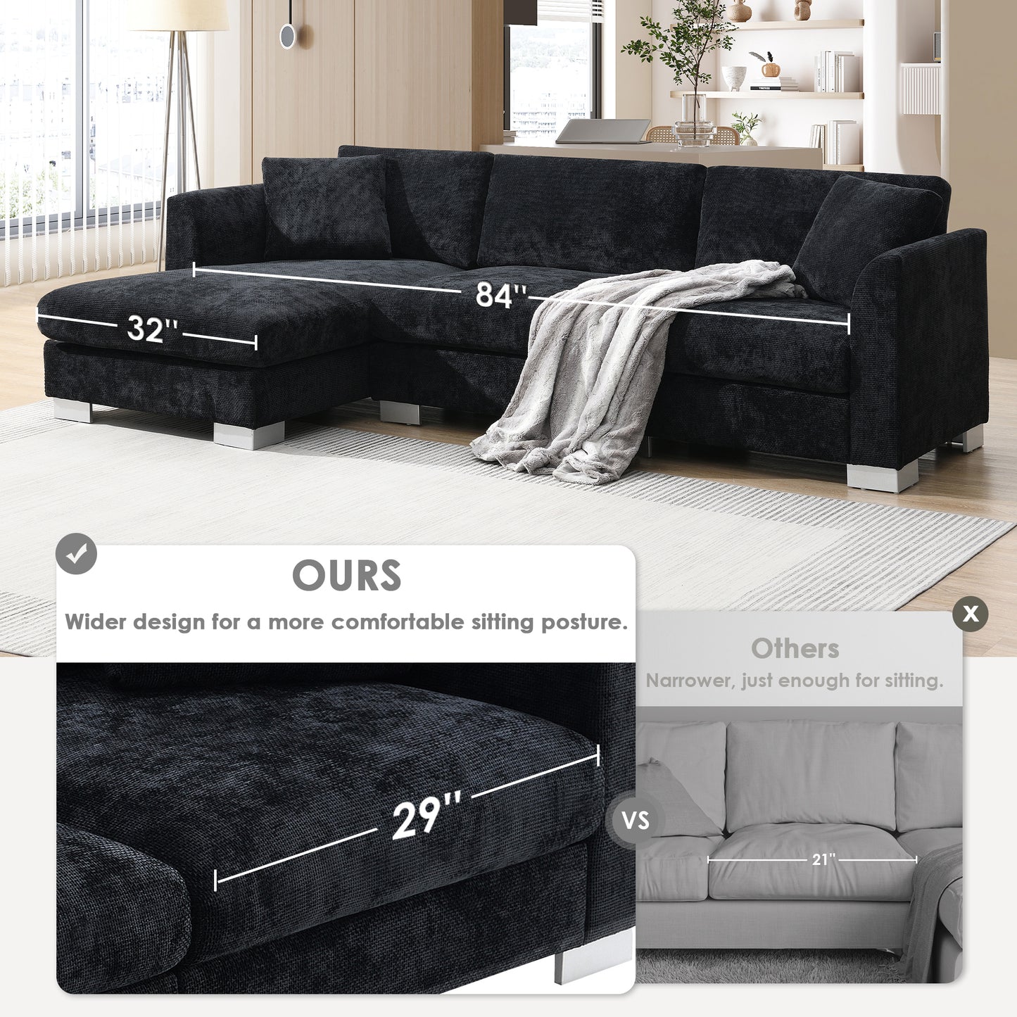 [VIDEO provided][New] 96*56" Modern Cloud Sectional Sofa,L-shaped Luxury Couch Set with 2 Free pillows,4-seat Chenille Indoor Furniture with Oversized Chaise for Living Room,Apartment,Office,3 Colors