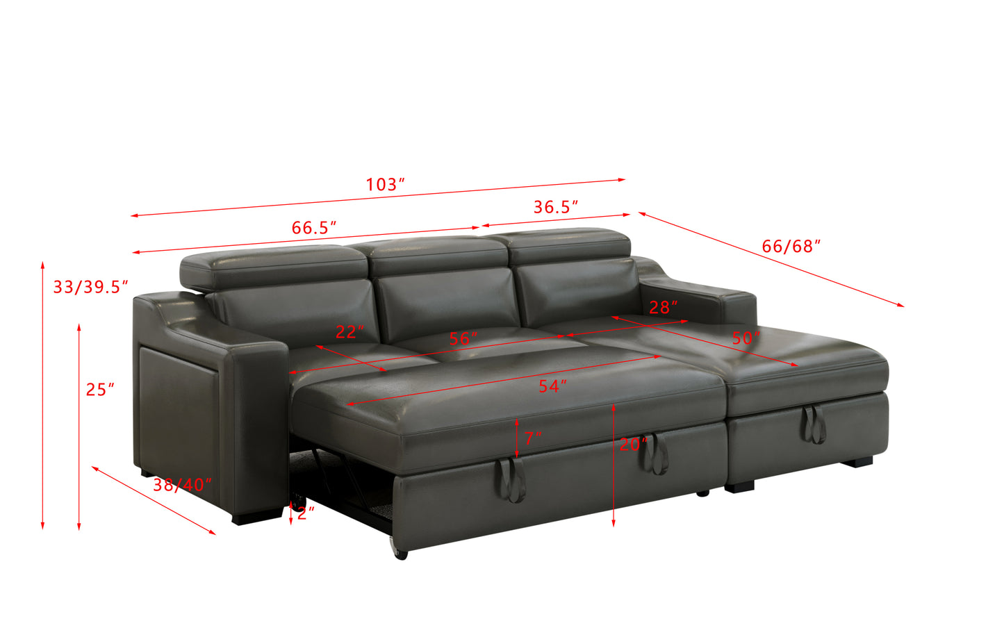 103'' inch Convertible Sectional Sofa with Storage Chaise, Adjustable Headrests, L-shaped Sleeper Corner Sectional Sofa with a Pull-Out Bed ,a USB Charging,and a Cup Holder,Gray