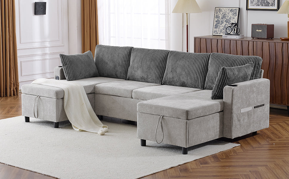 111.8" Sectional Sofa Pull-out Sofa Bed Versatile Sofa Sleeper with Large Storage Space, Two USB Ports and Two Cup Holders for Living Room, Grey