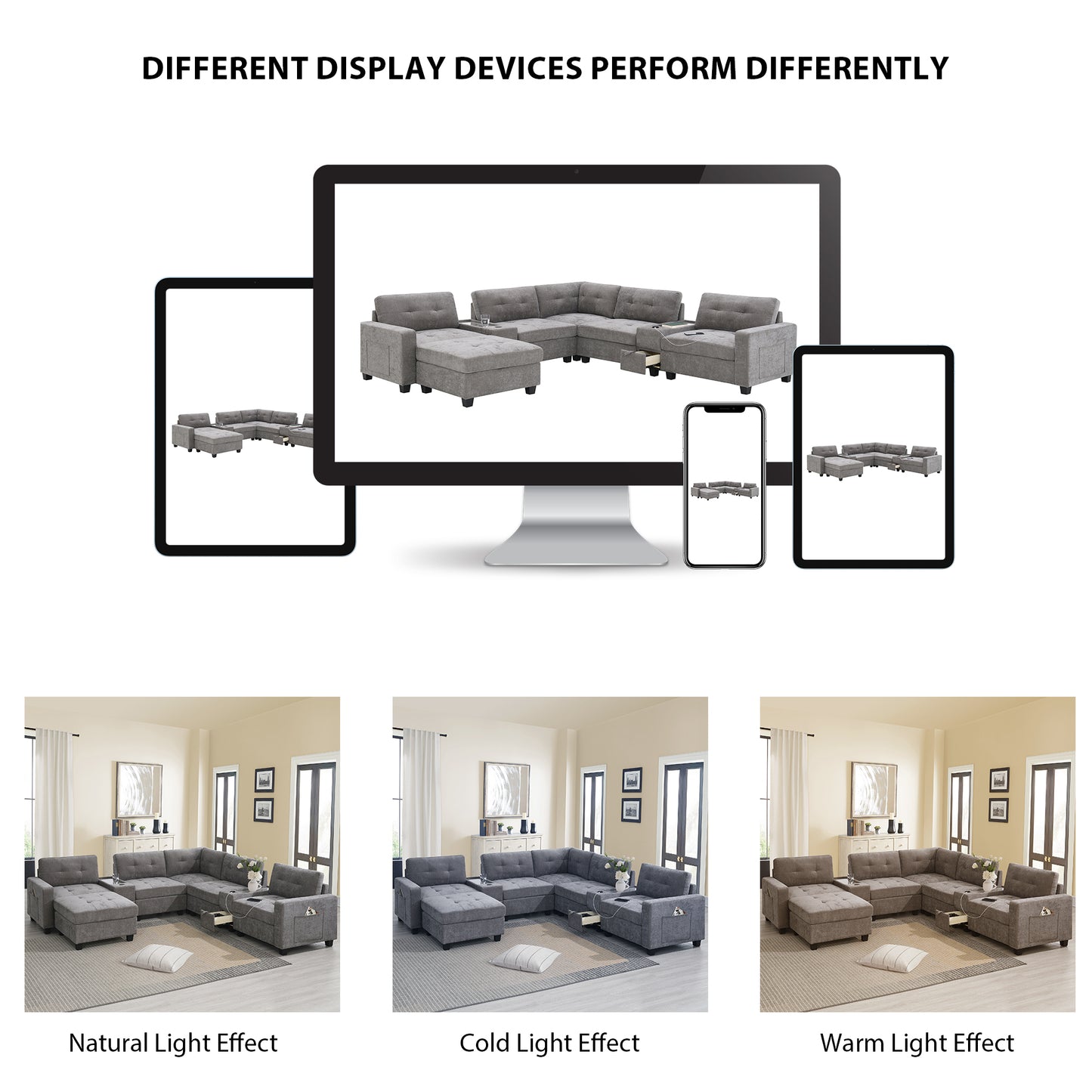 [Video]104'' Sectional Sofa with Acrylic Table Top,Chenille U Shaped Couch Set with 2 Consoles,USB Charger,Storage Drawers and Pockets,Movable Ottoman,Tufted Sofa for Living Room,Apartment,2 Colors