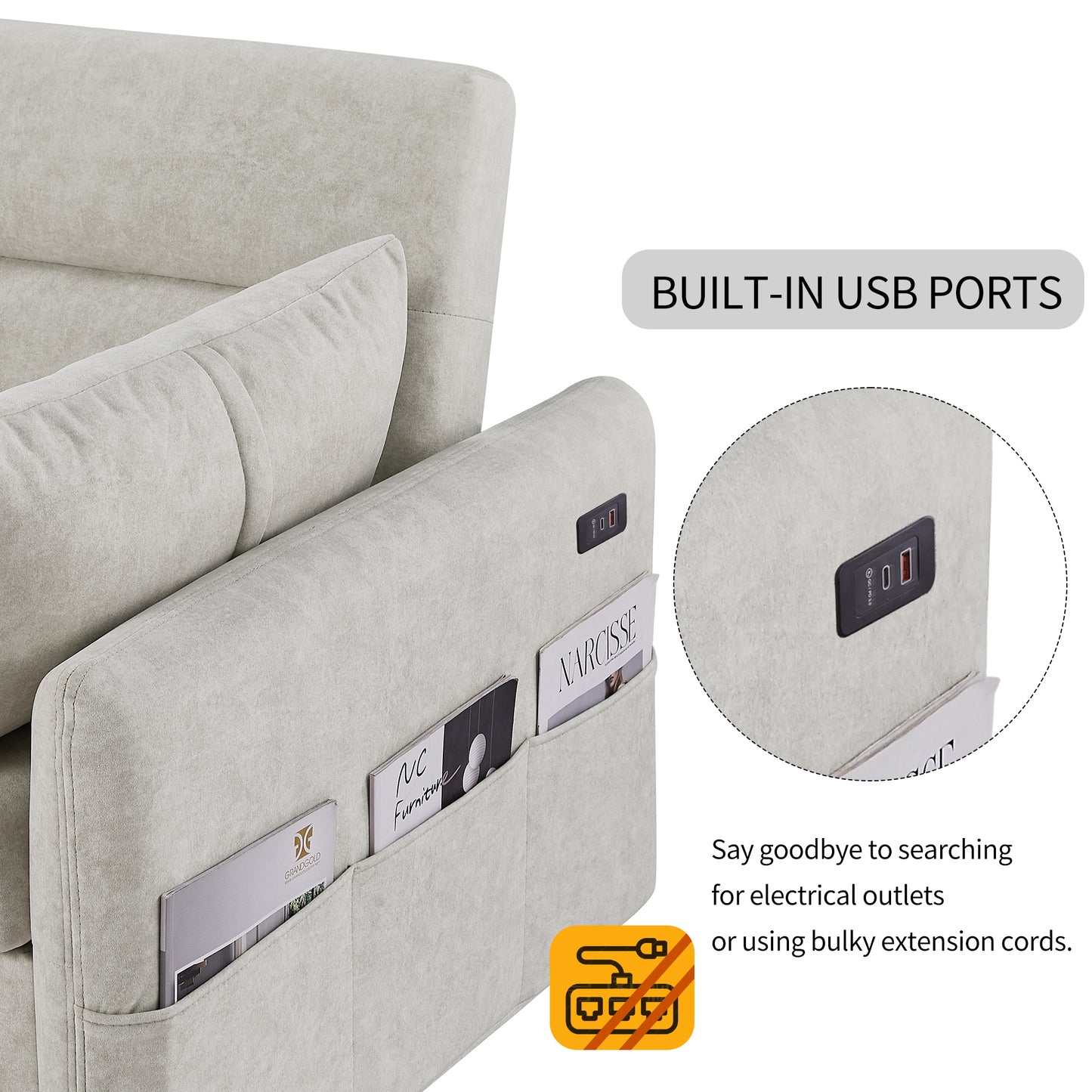 55.1" Pull Out Sleep Sofa Bed Loveseats Sofa Couch with Adjsutable Backrest, Storage Pockets, 2 Soft Pillows, USB Ports for Living Room, Bedroom, Apartment, Office, Beige (Old SKU: WF315689AAA)