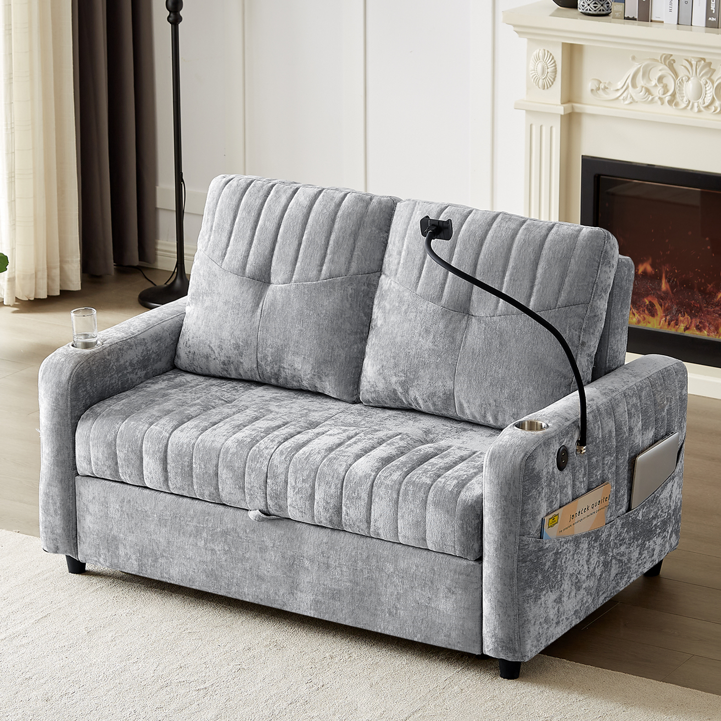 53.9" Modern Loveseat Pull-out Sofa Bed with Adjustable Backrest, Two Cup Holders , a Phone Holder, Three Charging Ports and Side Storage Pockets for Living Room, Grey