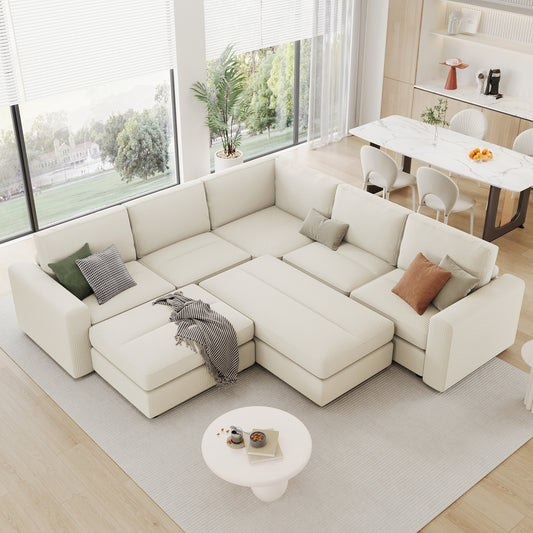 121.3" Sectional Couch Sofa Bed Modular Sofa with Two Movable Ottomans for Living Room, Beige