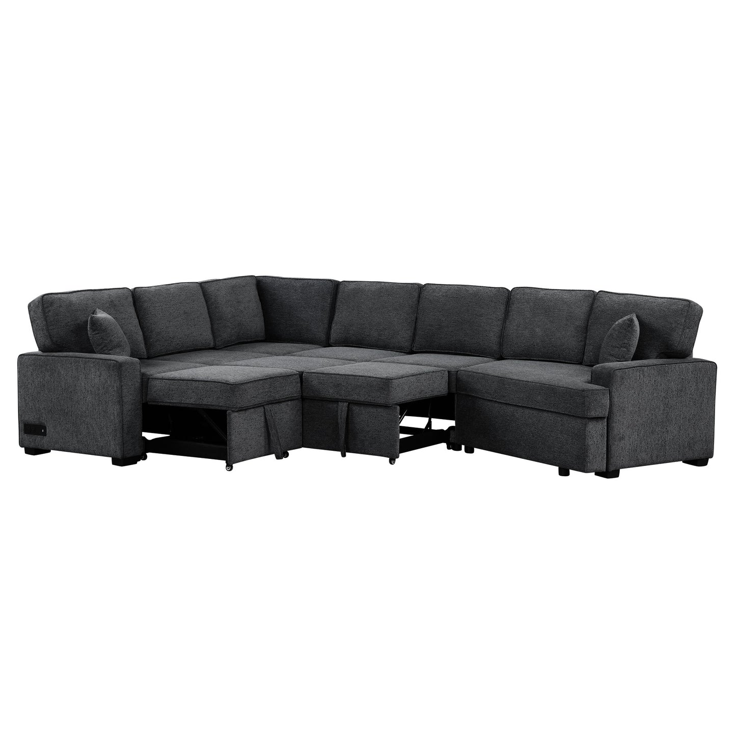 126" L-shaped Sofa Sectional Sofa Couch Pull-out Sofa Bed with Charging Devices and Cup Holders for Living Room, Blue Black