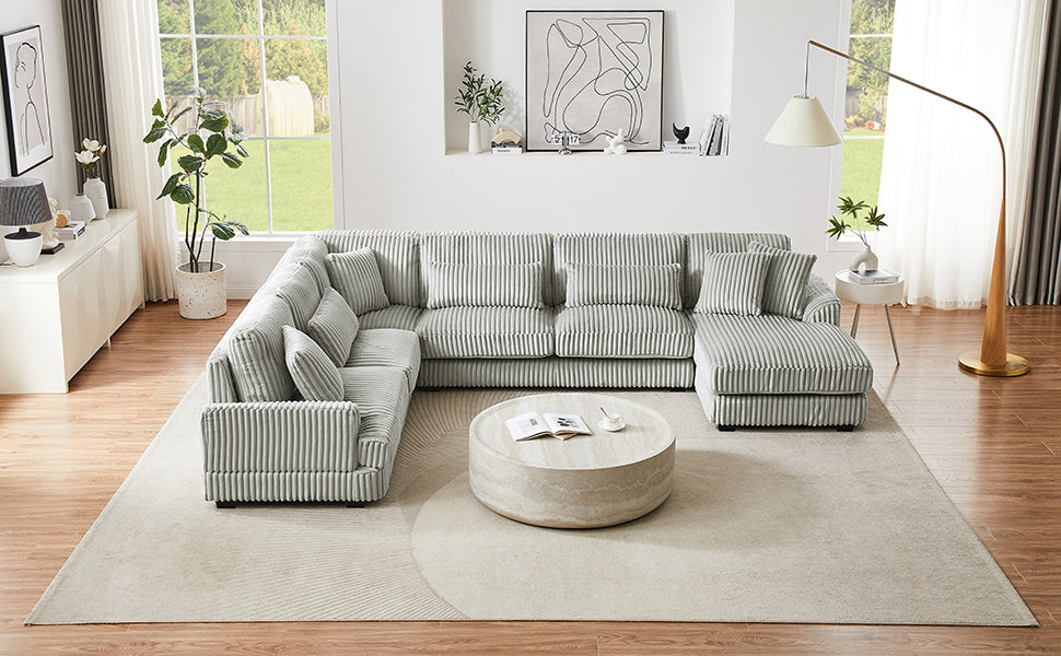 129" Oversized Sectional Sofa U-shaped Sofa Couch Modern Sofa Upholstered in Soft Corduroy with a Chaise Lounge for Living Room, Grey