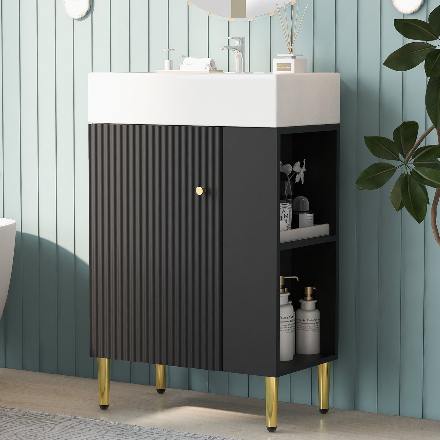 21.6" Black Bathroom vanity, Combo Cabinet, Bathroom Storage Cabinet, Single Ceramic Sink, Right side storage