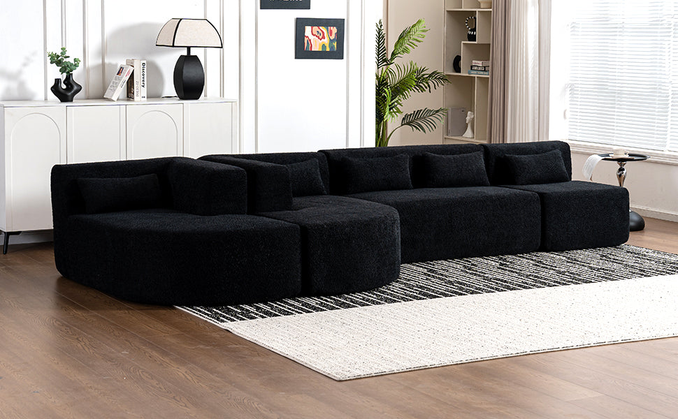 143.7" Upholstered Sofa Free-combined Sofa Couch with Two Chaise Lounge and Five Back Pillows for Living Room, Black