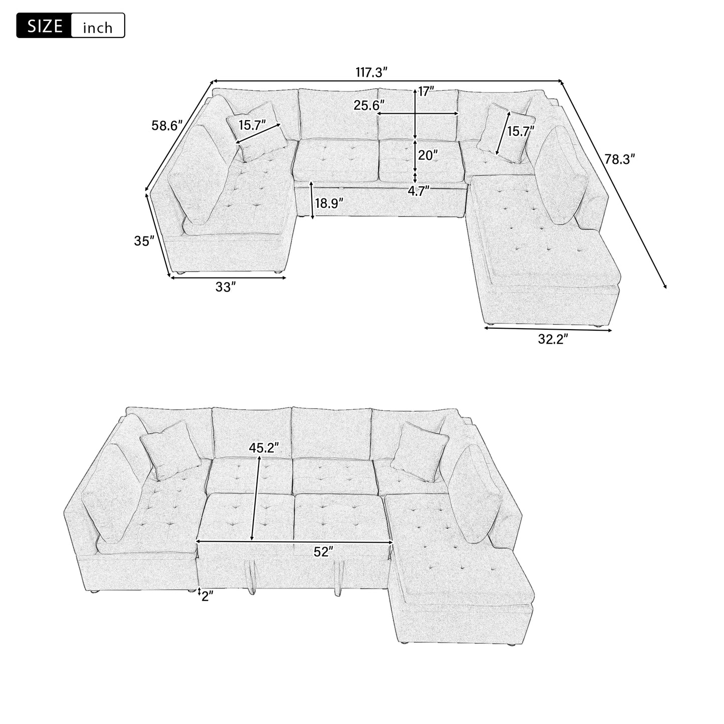 117.3" Oversized Sectional Sofa U- shaped Sofa Couch Pull-out Sofa Bed with Two Throw Pillows for Living Room, Gray