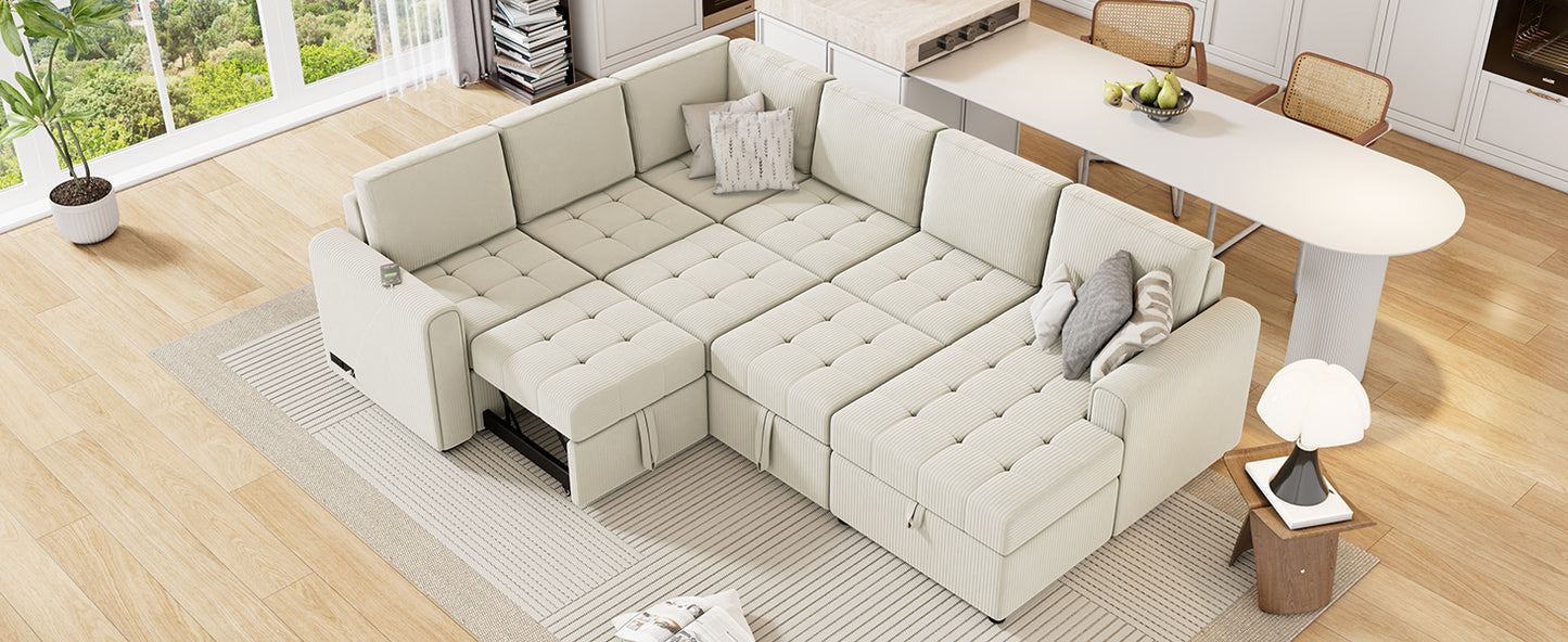 107.5" U-shaped Sofa Sectional Sofa Pull-out Sofa bed with a Storage Chaise Lounge, Charging Devices for Living Room, Beige