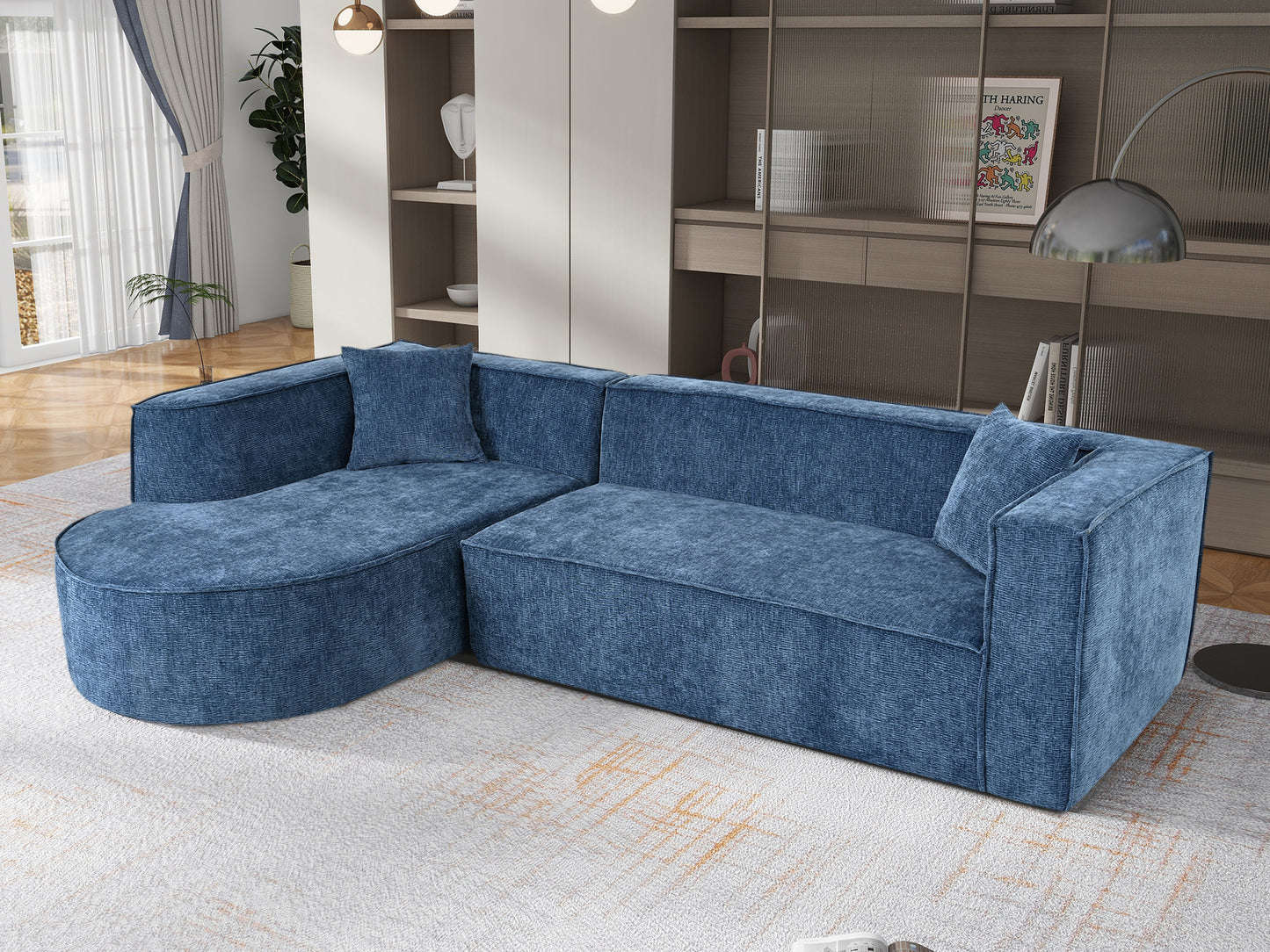 U_Style Modern Style Sectional Sofa,Sponge Sectional Sofa Couch,Modular L-Shape Sofa Couch with Elegant curved design and luxurious chenille fabric,two throw pillows,for Living Room, Study