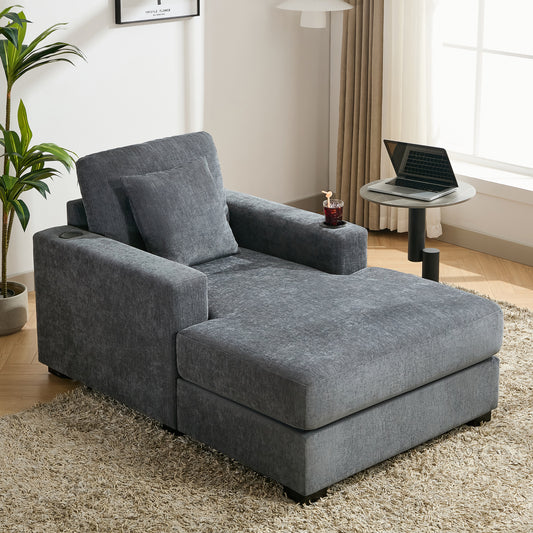 39.7" Oversized Chaise Lounger Modern Style Sofa Couch ,with Pillows, Charge Station & Cup Holders, Chenille Fabric, Blue Gray